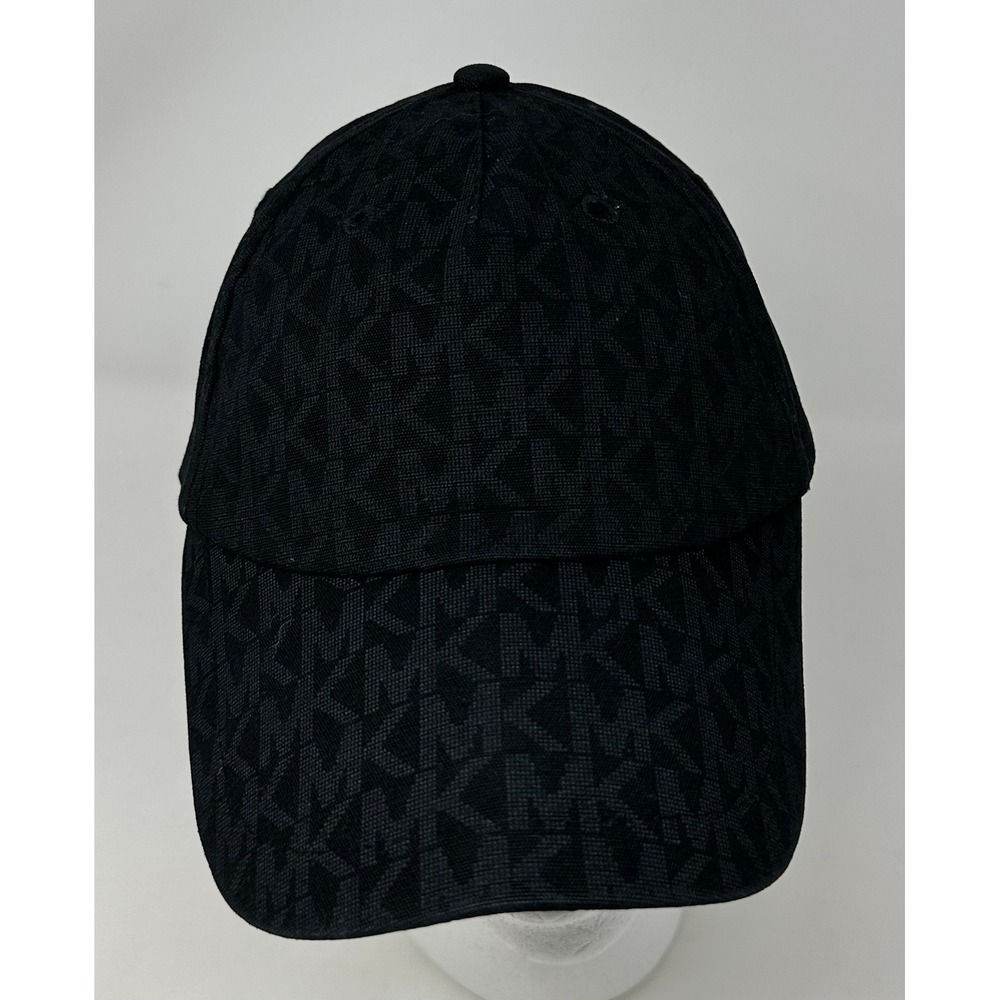 Michael Kors Womens Black MK Monogram Jacquard Baseball Cap Hat Gold Hardware